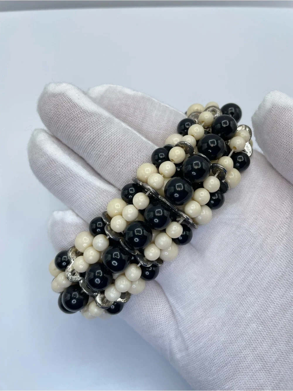Black White Acrylic Beaded Chunky Multi Strand Stretch Statement Bracelet